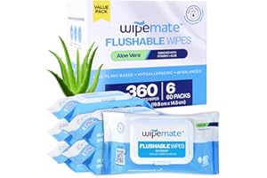Wipemate ULTRA Flushable Butt Wipes, Soothing Vitamin E & Aloe, 99% Water, Aloe Vera Scent Premium Super Soft Hygiene Wipes, Septic & Sewer Safe, 6 Premium Flip-Top Packs, 60 Wipes Per Pack 360 Ct