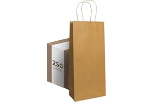 PTP BAGS Natural Wine Gift Bags with Handles - Recyclable Brown Kraft Paper Tote Bag for Bottles - Reusable Carrier for Present, Wedding, Restaurant Takeout - Single Bottle Size 5.75" x 3.25" x 13" - 250 Pack