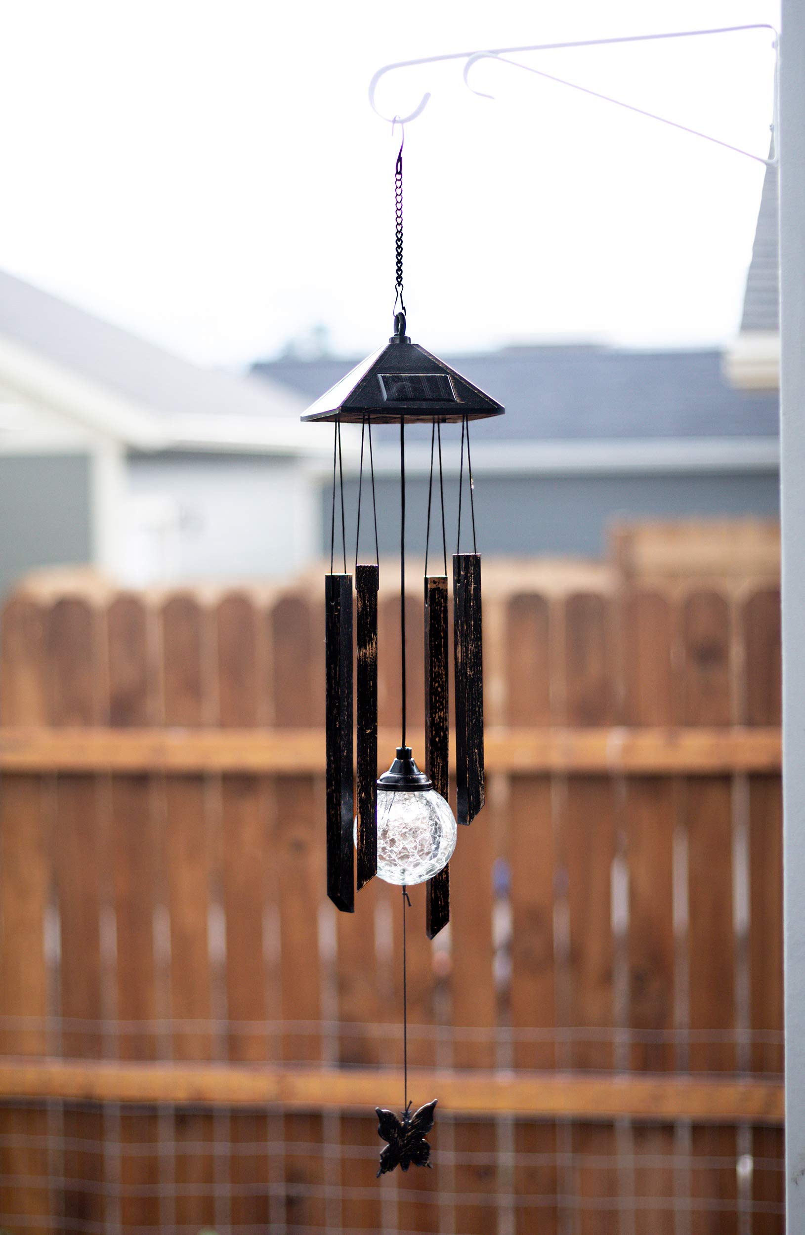 MISTIC COOL Solar Wind Chime with Color Changing Glass Globe Orb and Bronze Rustic Butterfly Outdoor Light Hanging Patio Mobile Light Waterproof Garden Decor House Gift Mom