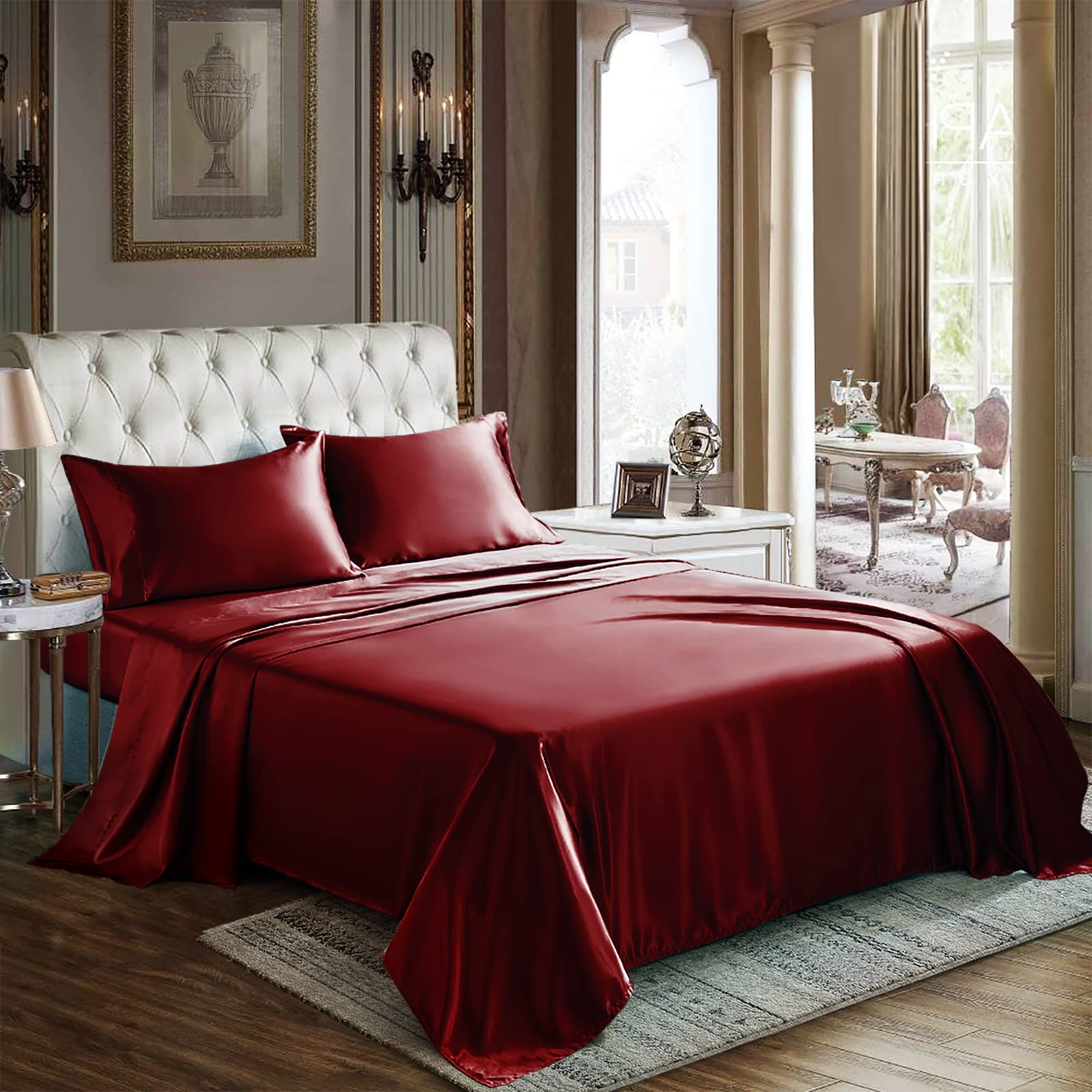 Photo 1 of CozyLux Satin Sheets King Size - 4 Piece Burgundy Bed Sheet Set with Silky Microfiber, 1 Deep Pocket Fitted Sheet, 1 Flat Sheet, and 2 Pillowcases - Smooth and Soft