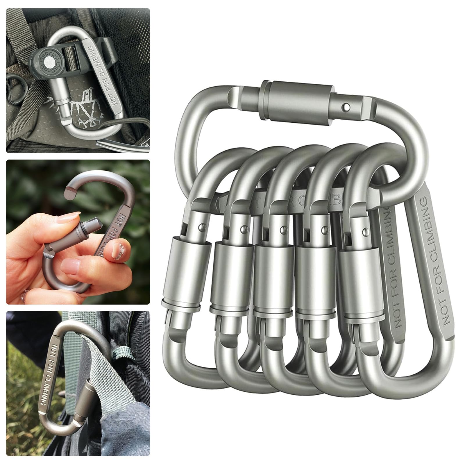 Small Locking Key Carabiner Carabiners Clip D Ring Rings Camping Gadgets for Water Jug Dog Leash Keychains, 6 Pcs Grey
