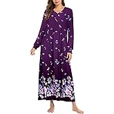 Ekouaer Nightgown Long Sleeve for Women Sleepwear V Neck Loungewear Button Full Length Nightshirt