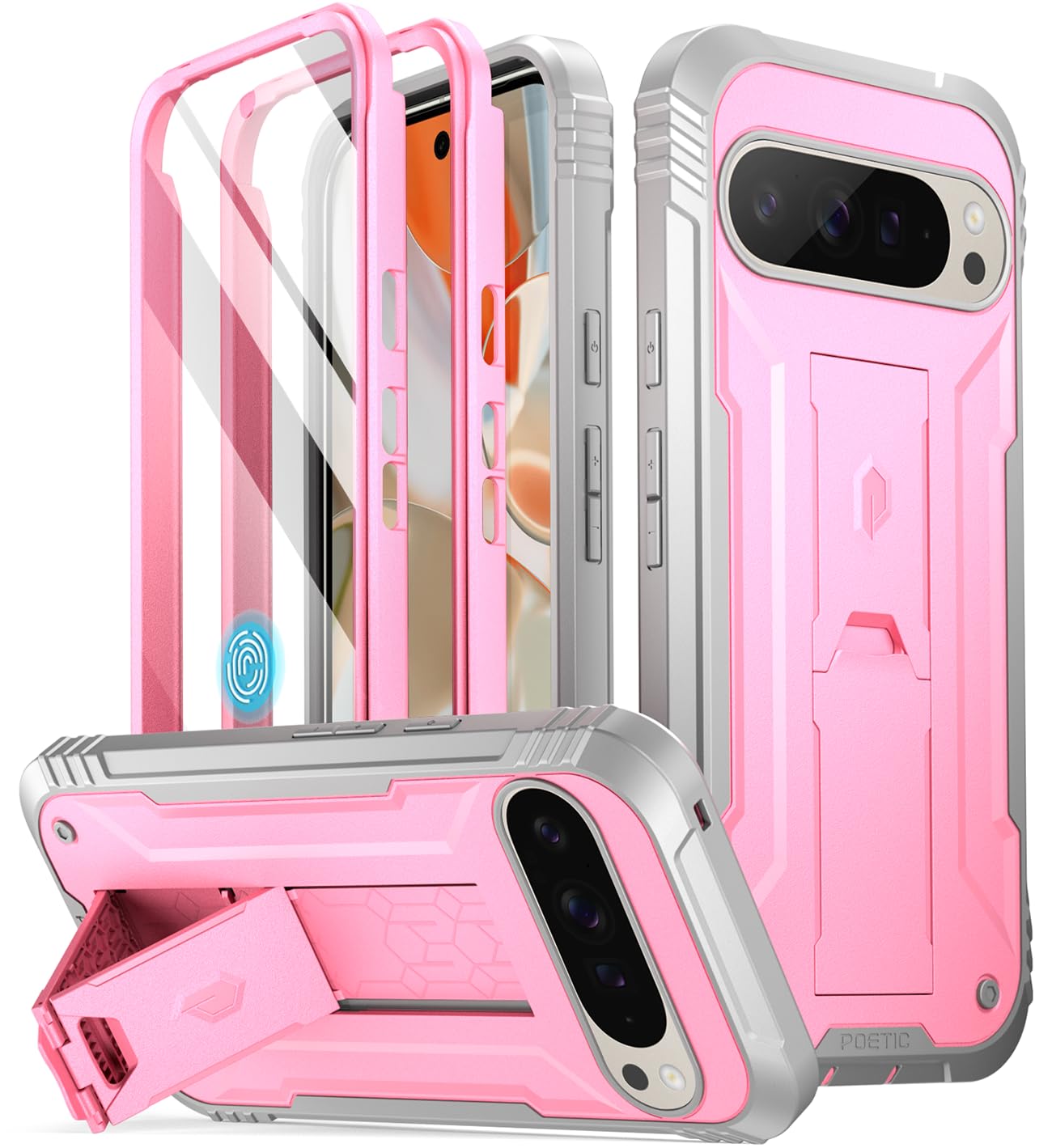 Poetic Revolution Case for Google Pixel 9 Pro XL 5G 6.8 inch, Built-in Screen Protector Work with Fingerprint ID, Full Body Military Grade Rugged Shockproof Protective Case with Kickstand, Light Pink