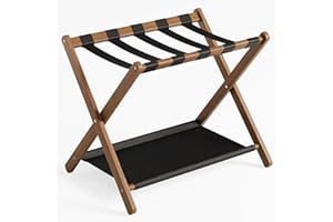 Semiocthome Walnut Bamboo Luggage Rack, 5 Straps Suitcase Stand with Shoe Shelf, Folding Luggage Holders Perfect for Guest Room, Bedroom, Hotel, Travel, Easy Assembly