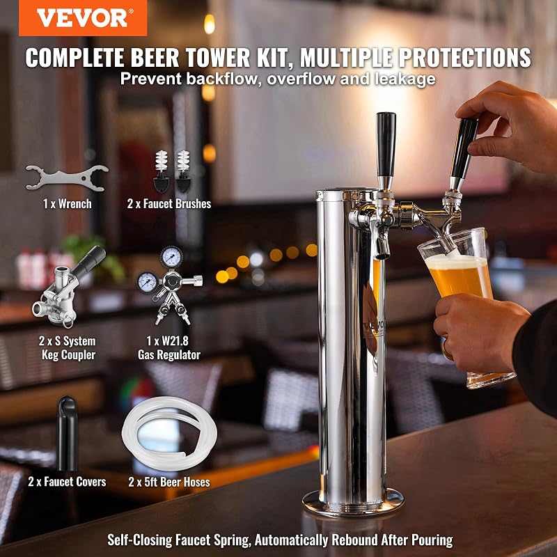 Kit Colonne à Bière 2 Robinets, Distributeur de Bière Boisson en Acier Inoxydable, Tireuse à Bière avec Régulateur à Double Jauge W21,8 et Coupleur de Fût Système S, pour Bar Restaurant Maison