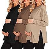Ekouaer Womens 3 Packs Maternity Shirts Long Sleeve Side Ruched Pregnancy Tee Workout Top Tunic Blouse Mama Clothes