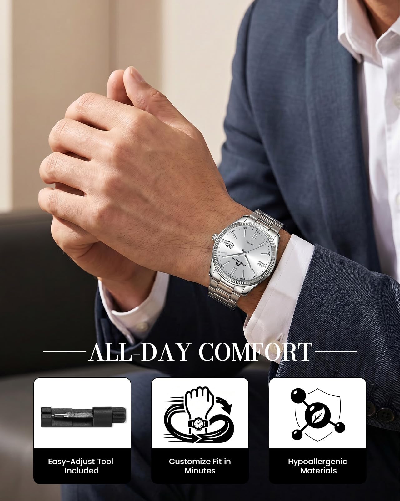 MEGALITH Uhren Herren Edelstahl Armbanduhr: Silber Wasserdicht Analog Herrenuhren - Klassisch Einfach Design Uhr mit Datum Leuchtend - Geschenke für Business Lässig Männer 2