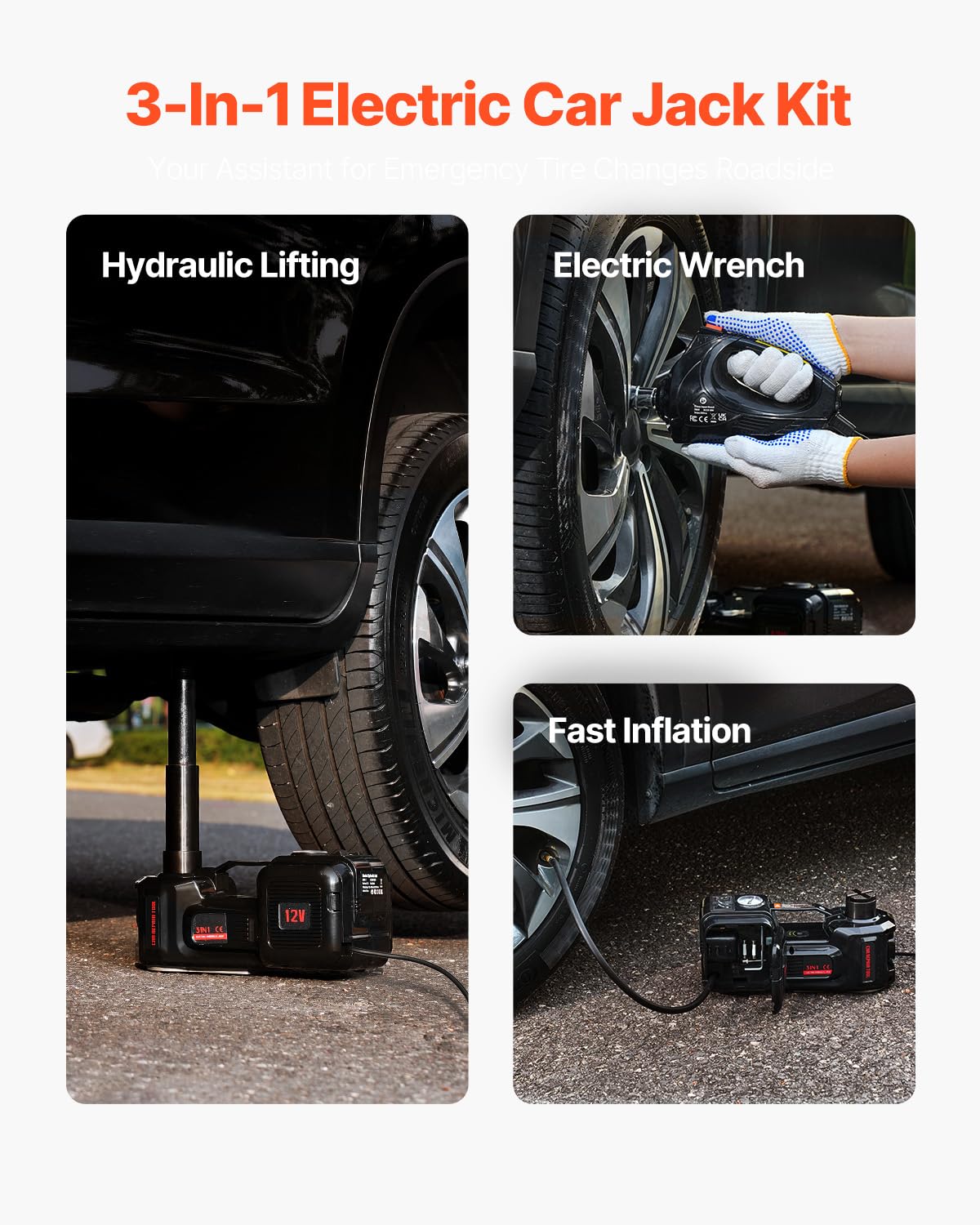 VEVOR elektrischer Wagenheber 5 t elektrischer Scherenwagenheber mit eingebauter Pumpe, 12-V-Reifenwechselersatz mit elektrischem Schlagschrauber & LED-Licht, Wagenheber-Set für Limousine SUV LKW 2