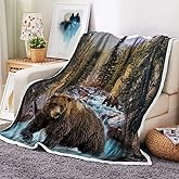 Forest Bear Throw Blankets, Misty Mountains Wildlife Cozy Warm Bed Couch Blanket, Farm Rustic National Park Jungle Rainforest Stream River Rock White Fleece Throws to Decorate the Room and Bedroom