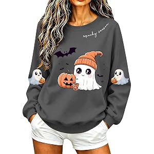 Women's Halloween Sweatshirt Cute Ghost Graphic Crewneck Pullover Spooky Season Long Sleeve Fall Casual Tops