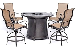 Hanover MAN5PCFPRD-BR Manor 5-Piece High-Dining Set in Tan with 4 Swivel Chairs and a 40,000 BTU Cast-top Fire Pit Table Outdoor Furniture