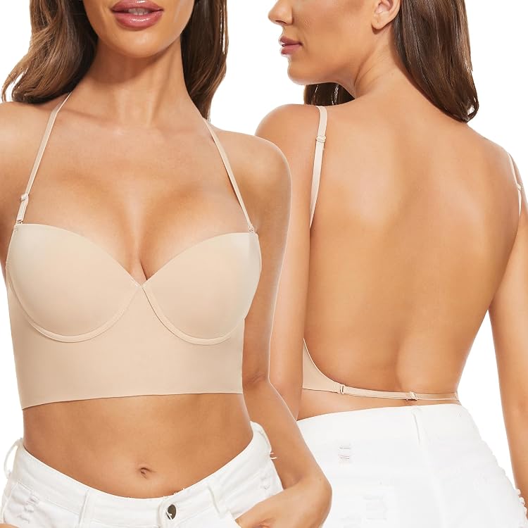 Women's Convertible Strapless Push Up Bra - Deep Plunge, Multiway Underwire, Beige 36C