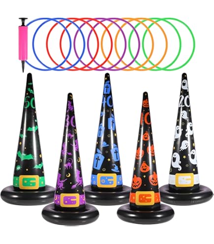 Juego De Lanzamiento De Aros De Halloween - 5 Sombreros De Bruja Inflables + 10 Aros, Juguete Para Fiestas Y Exterior