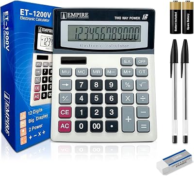 Empire Desk Calculator 12 Digit Large Key Display Solar Battery Powered Home