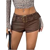 SHENHE Women's Faux Leather Micro Shorts Y2k Low Rise Buckle Belt Booty Shorts Rave Festival Bottoms