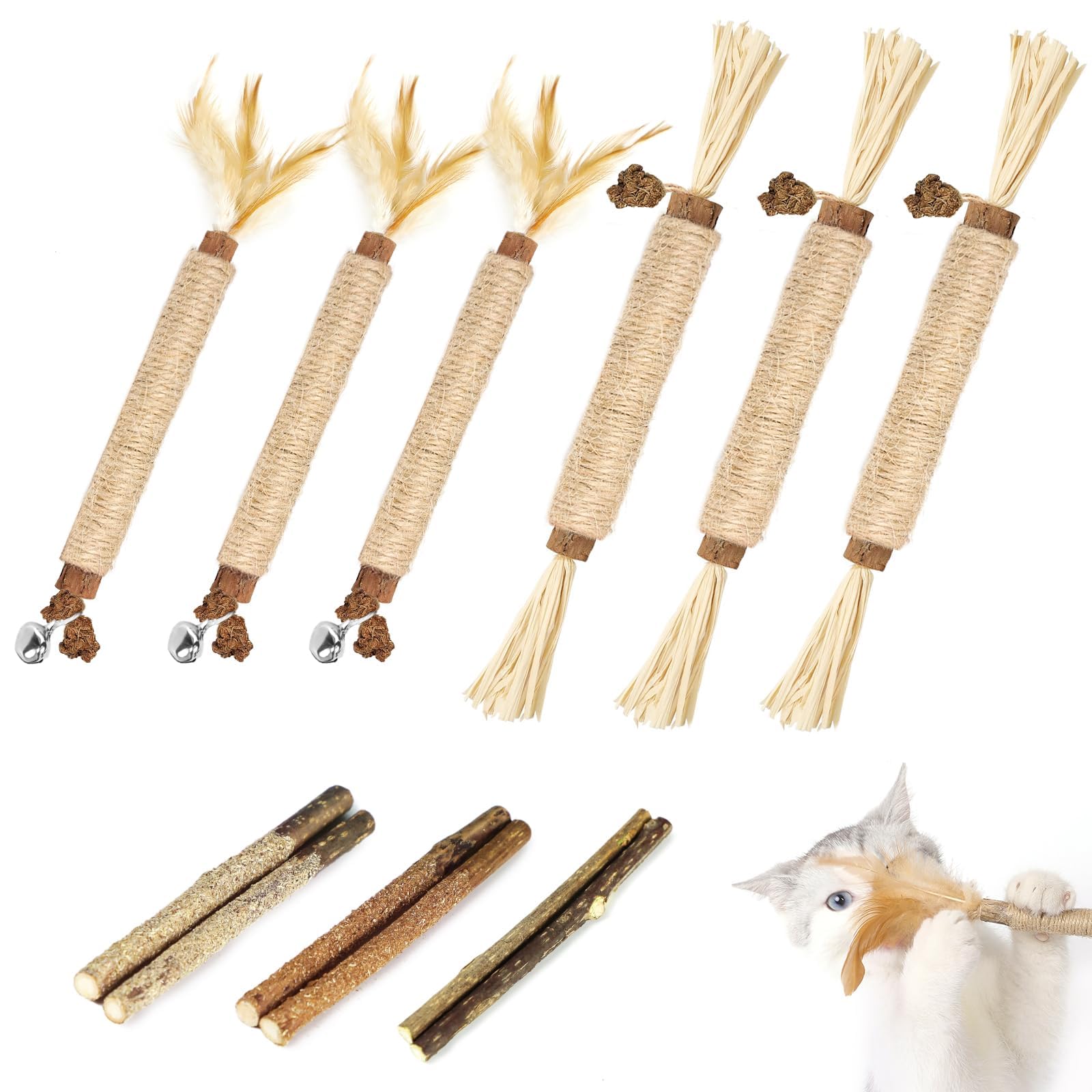 Nepfaivy Cat Toys Silvervine Sticks - 12 PCS Natural Cat Chew Toy for Indoor Cats Teeth Cleaning, Interactive Nip Toy with Feather and Bell, Dental Catnip Sticks for Kittens