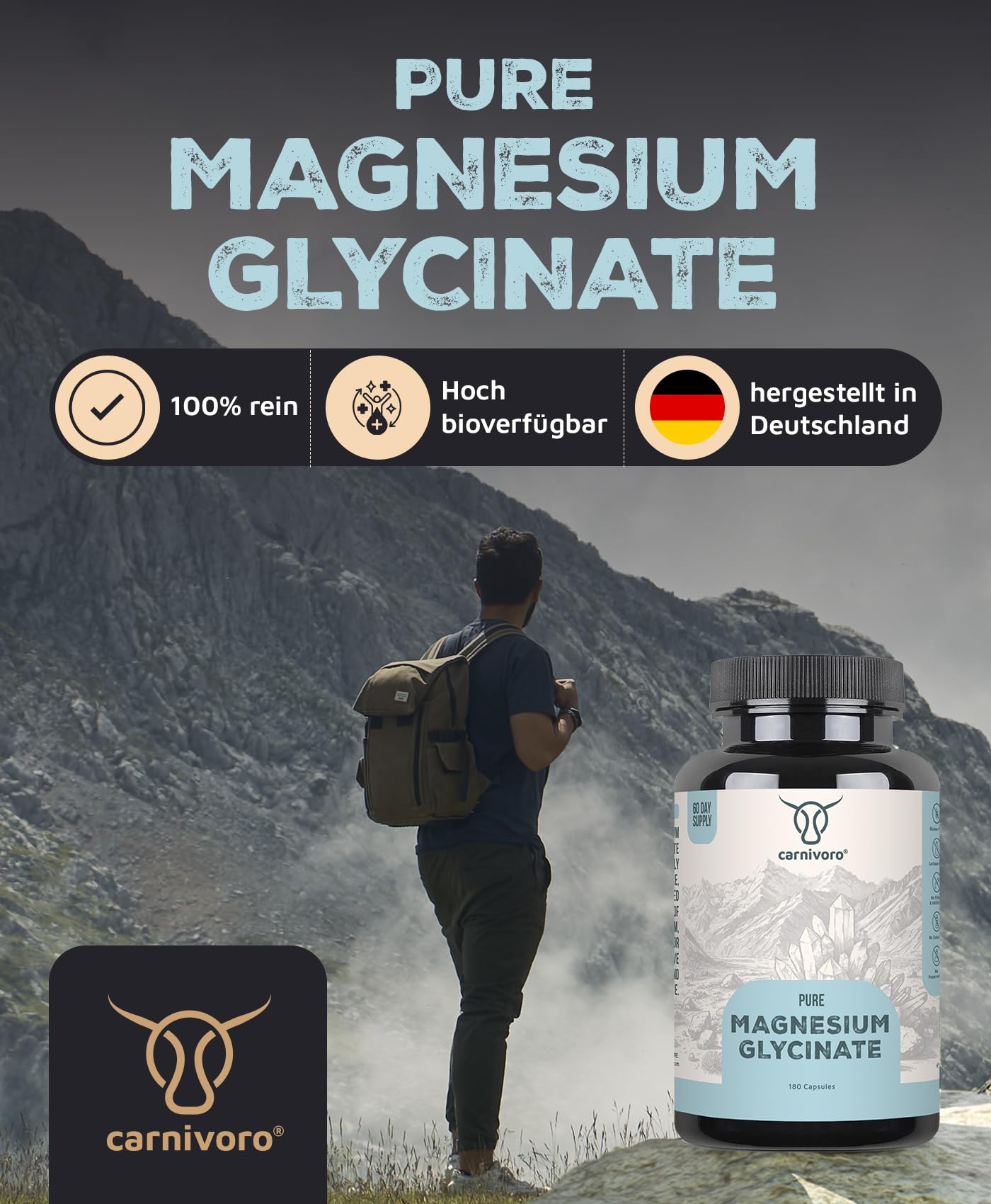 Carnivoro Magnesium Bisglycinat [180 Kapseln - 300mg] Magnesiumglycinat - Reines Magnesiumbisglycinat - elementares Magnesium pro Tagesdosis - Laborgeprüft, hochdosiert 3