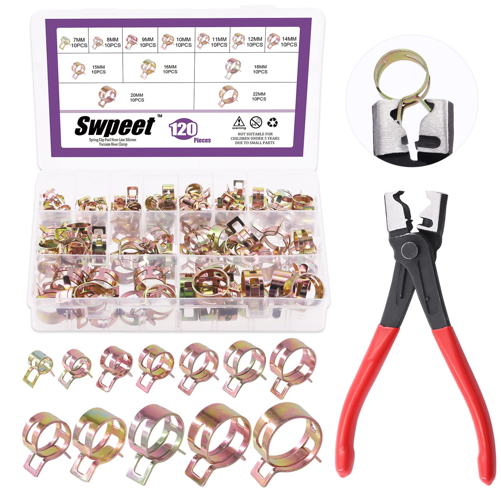 Swpeet 121Pcs Spring Band Hose Clamps Assortment Kit - 7-22mm CV Boot Hose Clip Pliers, Silicone Vacuum Pipe Clamp, Low Pressure Air Clip