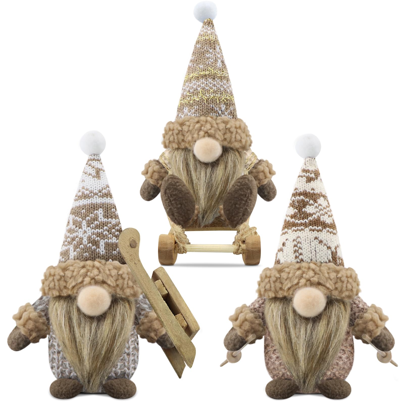 Gehydy Set of 3 Christmas Gonk Decorations Handmade Sled Gnome Plush Stuffed Xmas Decor for Home Kitchen Farmhouse - Brown