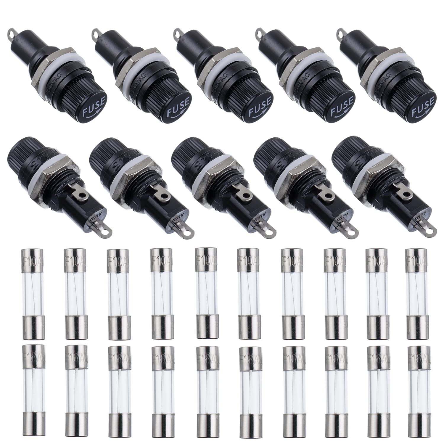 BOJACK 10 Values 30 Pcs 5X20mm Black Screw Cap Fuse Holder 250 VAC 10 A 125 VAC 15 A with 10A/15A Fast Blow Glass Fuse kit