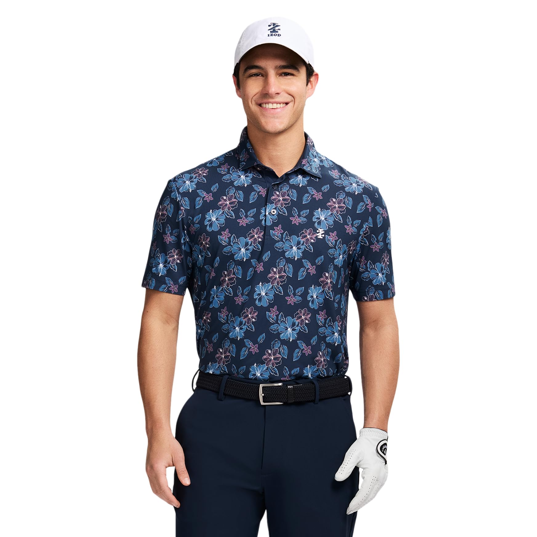 Izod Men's Swingflex Elite Short Sleeve Golf Polo, Navy Blazer Hawaiian Flora, Medium Image