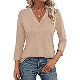 TICTICMISS Women's 3/4 Sleeve Shirts V Neck Summer Tops Casual Tunics Tops Basic Tees Blouse Loose Fit