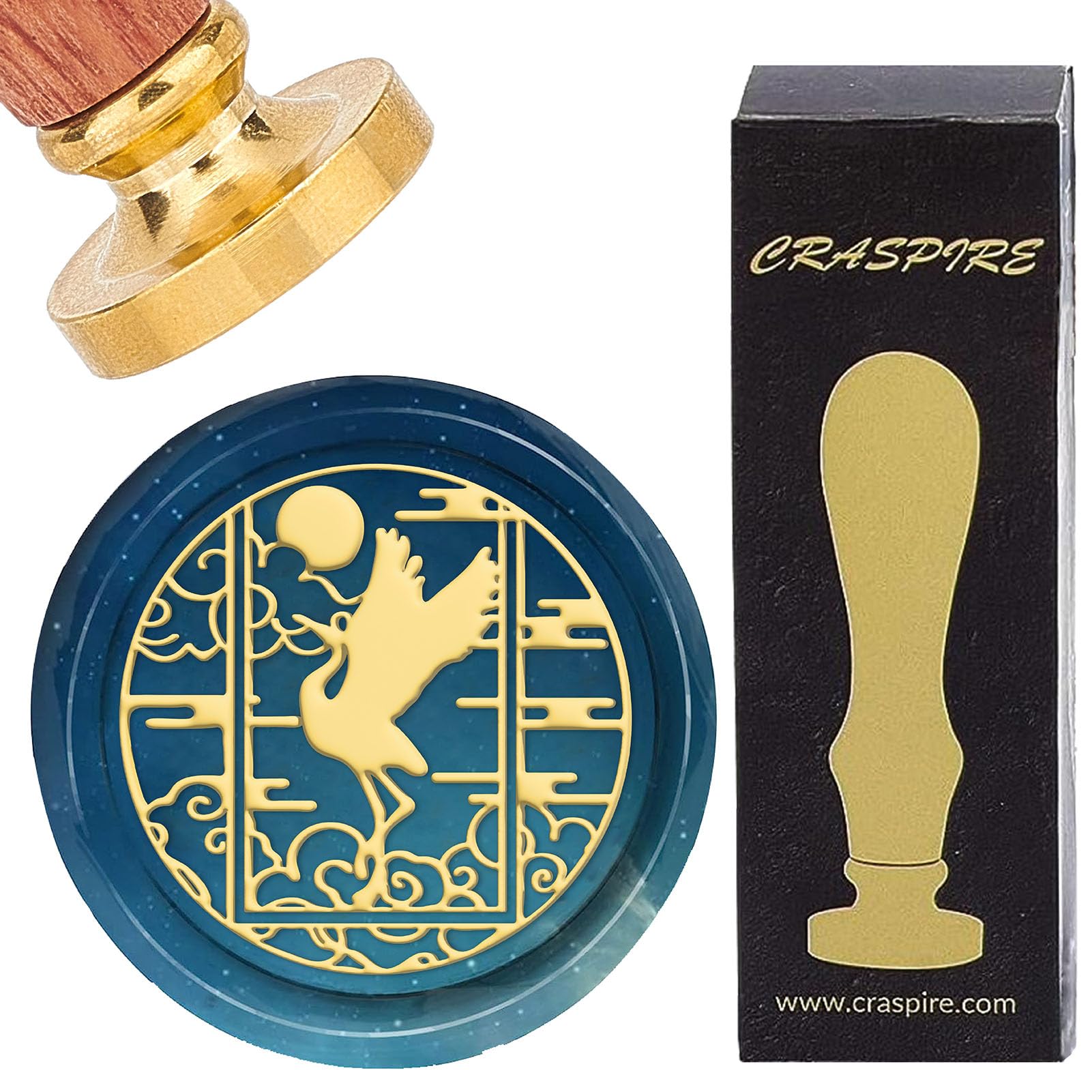 CRASPIRE Crane Wax Seal Stamp Animal Moon Sealing Wax Stamps 25mm Vintage Removable Brass Head with Wooden Handle for Wedding Christmas New Year Envelopes Invitations Gift Packing