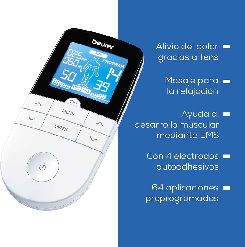 Beurer em 49 tens/ems digital, dispositivo de corrente de estimulação 3 em 1 para alívio da dor e treinamento, função de massagem, inclui 4 eletrodos, branco