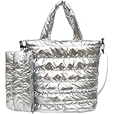 Quilted Metallic Lightweight Crossbody North South Tote Detachable Small Pouch, Puffer Bag Adjustable Strap, Shoulder Bag