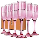 GLAZVIA Champagne Flutes Glasses Set of 6-6oz Elegant Pink Glass, Unique Pink Colored Long Stem Champagne Flute Gift for Wedding, Anniversaries, Parties, Birthday, Restaurant, Home Bar