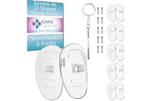GMS Optical D Shape Screw-in Soft Silicone Eyeglass Nose Pads - Eyeglass Repair Kit with Screws and Screw Driver, Anti-Slip Nose Pads for Glasses, (5 Pair) (Medium 15mm)