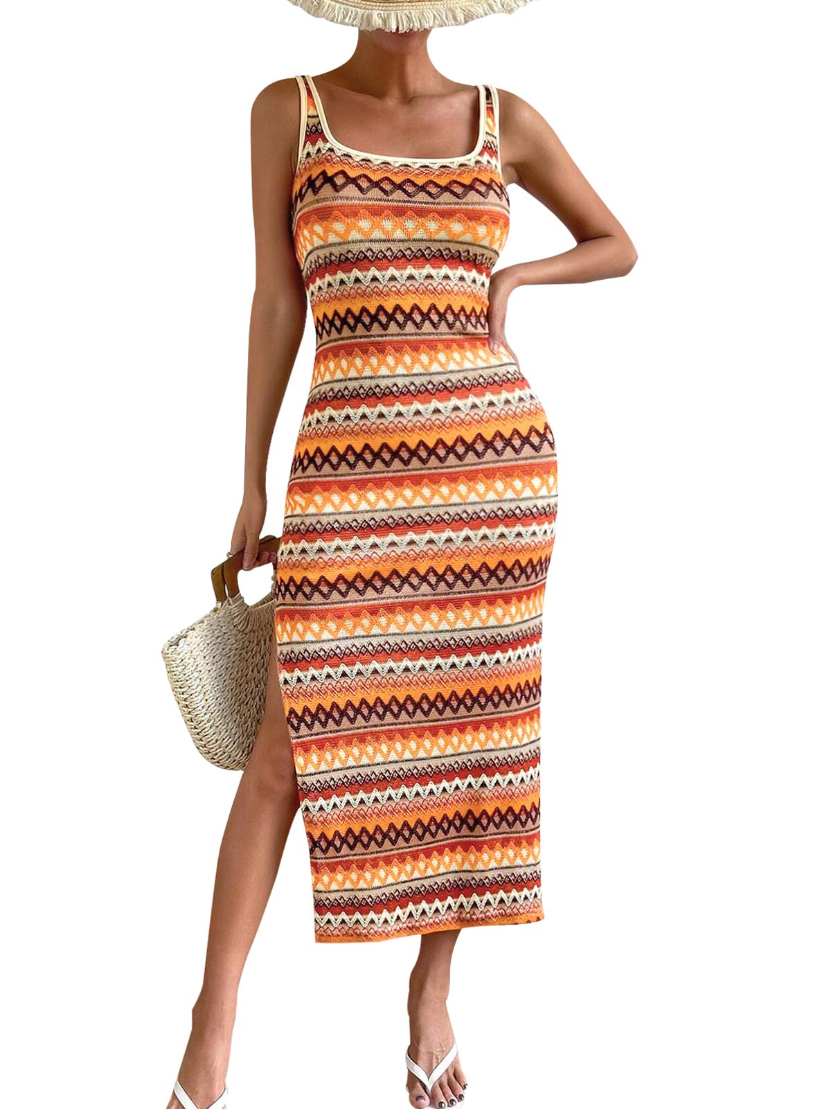 Photo 1 of PRETTYGARDEN Tank Dress for Women 2025 Summer Casual Striped Maxi Dresses Fitted Square Neck Beach Vacation Bohemian Sundress (Orange,XL)