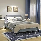 Upholstered Button Tufted Platform Bed with Headboard Strong Wood Slat Support Mattress Foundation Easy Assembly Light Grey Q