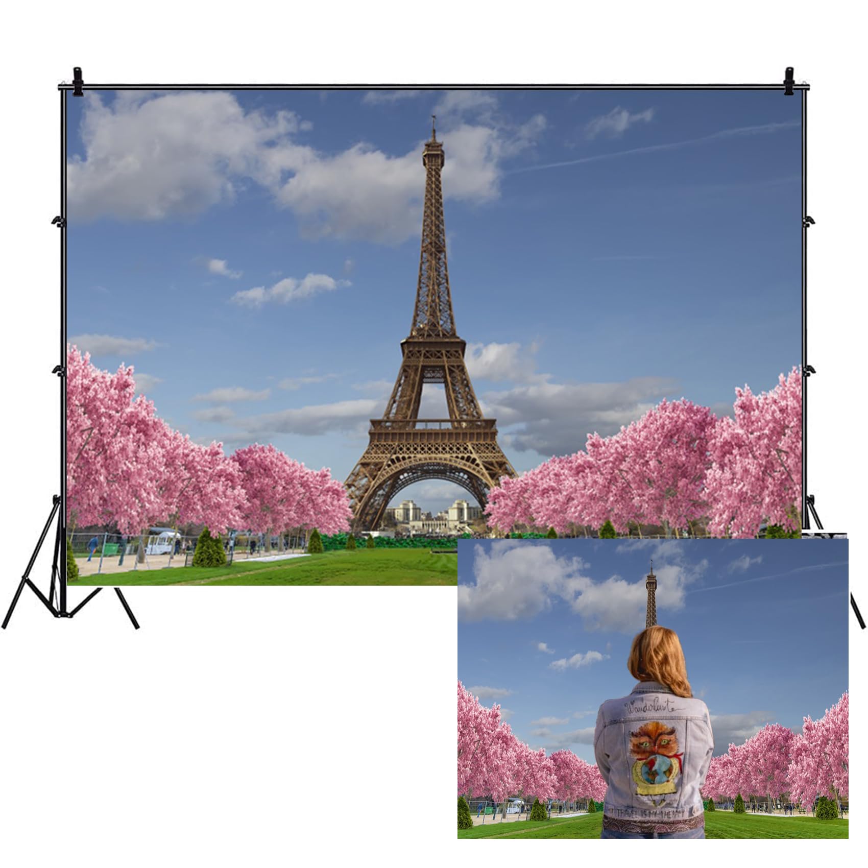 SDOTPMT 7x5ft Eiffel Tower Backdrop Sky Clouds Pink Cherry Blossom Turfgrass European Outstanding Architecture Photography Background Paris Party Decor Portrait Photoshoot Studio Props
