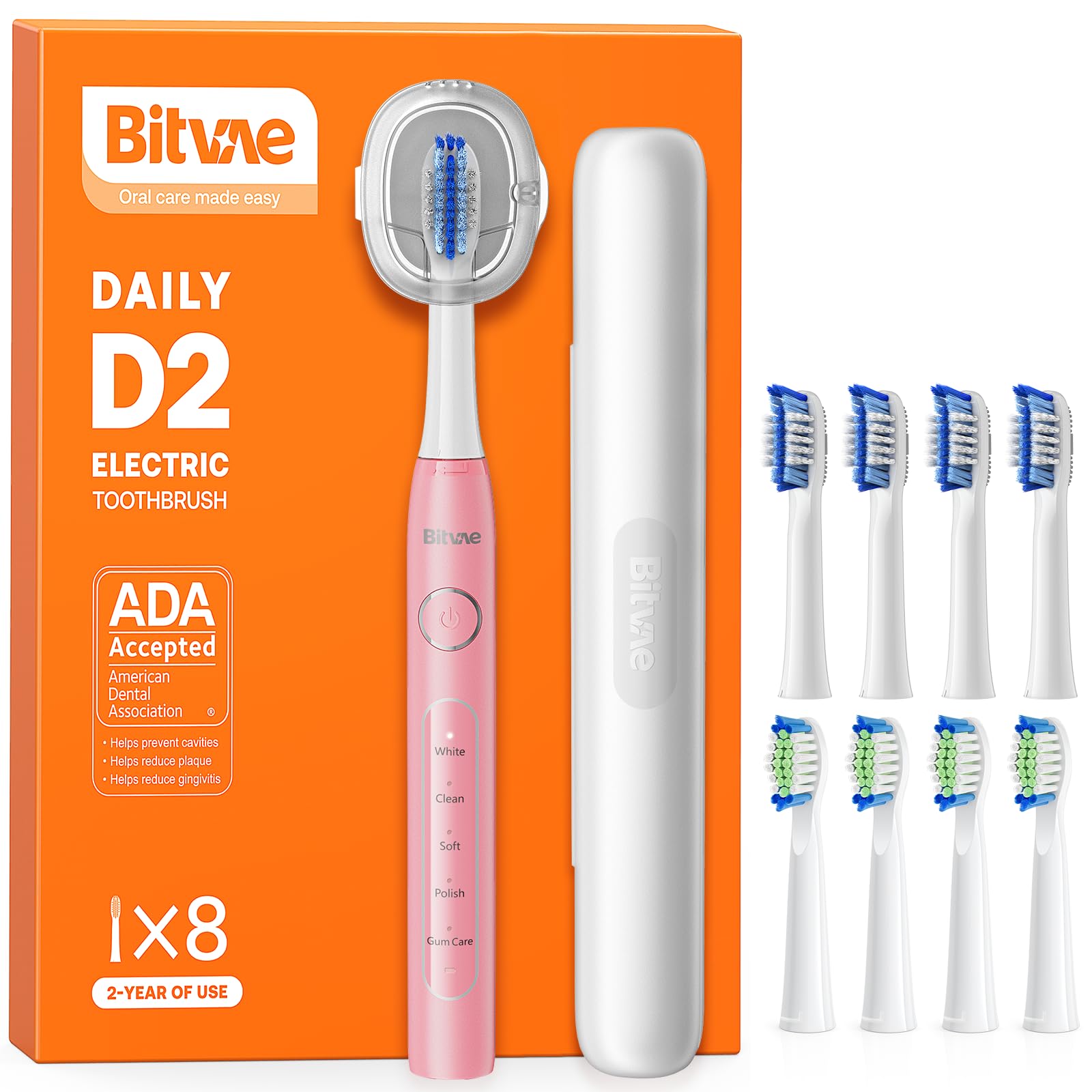Bitvae Ultrasonic Electric Toothbrush for Adults and Kids, ADA Accepted Travel Electric Toothbrush with Rechargeable 60-Day Battery Life, 8 Toothbrush Heads, 5 Modes, Toothbrush Holder, Quartz Pink