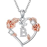 AOBOCO Rose Heart Necklaces Christmas Gifts for Women, 925 Sterling Silver Rose Love Heart Initial Letter Pendant Necklace Jewelry Mothers Day Lover Birthday Gifts for Her Mom Wife Girlfriend