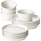 LE TAUCI Dishes Set for 4, Stoneware Plates and Bowls Set, Farmhouse Ceramic Dinnerware, Microwave & Dishwasher Safe, Stackable,12-Piece, Arctic White (10" Dinner+8" Salad Plates+6" Bowls)