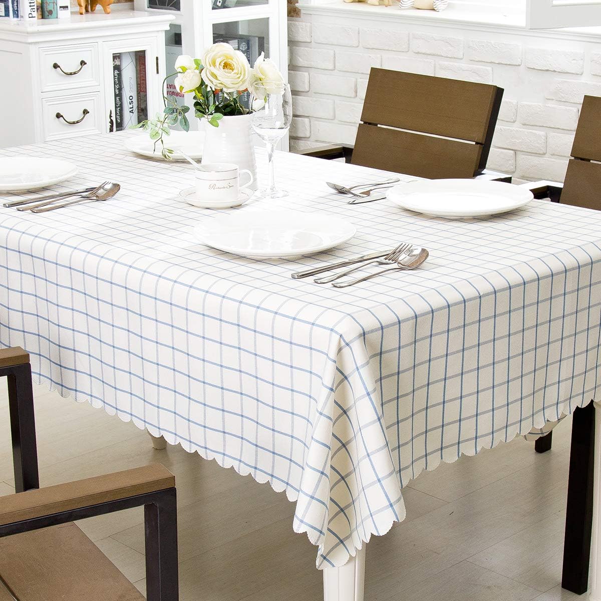Hewaba Rectangle Printed Tablecloth - 60" x 120" Polyester Washable Table Cover, Seats 10-12 People, Wrinkle Free, Oil-Proof/Waterproof Tabletop Protector for Kitchen Dining Party - Blue Plaid