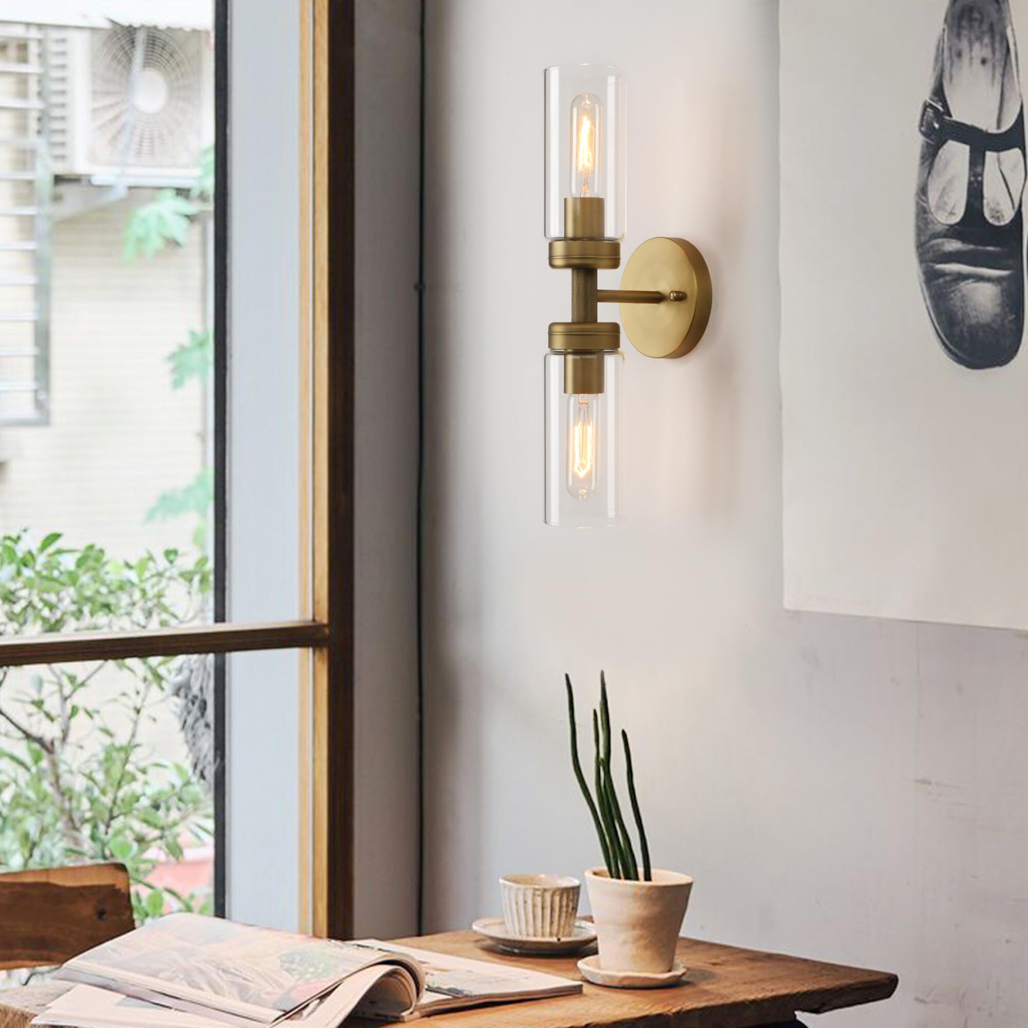 Phansthy Rustic Industrial Wall Sconce Light with 8cm Tubular Clear Glass Lampshade (2-Light Sconce Antique)