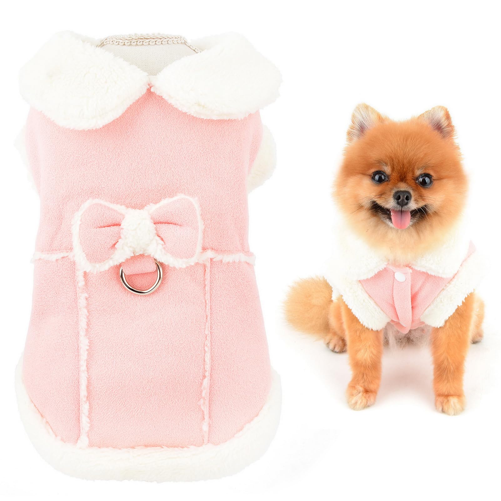 SMALLLEE_LUCKY_STORE Fleece Dog Coat for Small Dog Girls, Pet Harness Jacket with Bow and D-ring, Soft Vest Fall Winter Clothes with Fuzzy Collar Chihuahua Yorkie Cat Apparel, Pink, XS