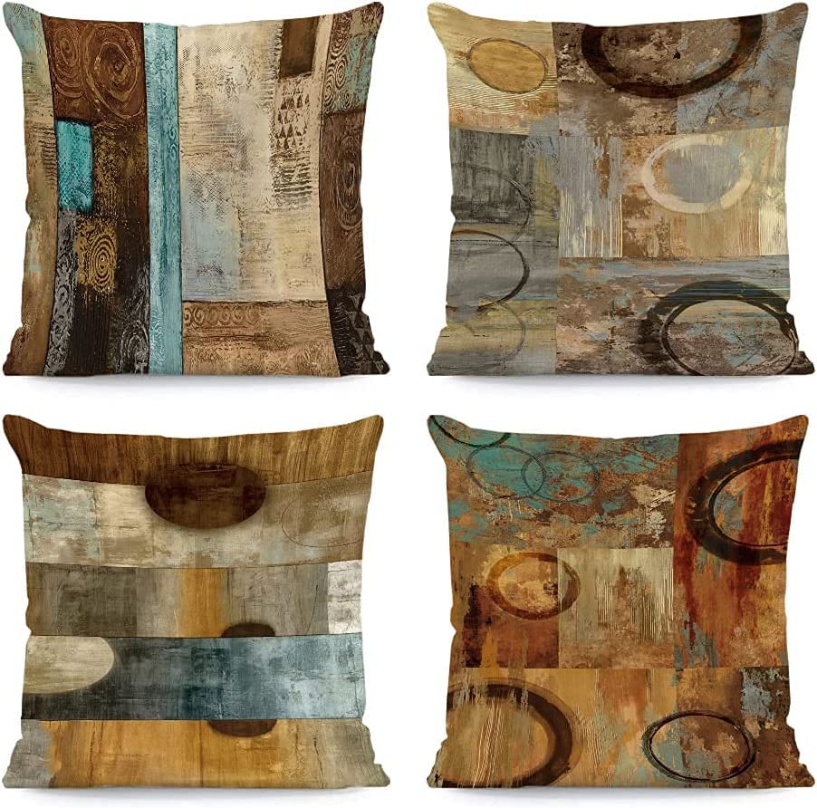QUALKNOY Set of 4 Cushion Covers 18"x18" Modern Boho Pillowcases Brown Decorative Throw Pillow Covers 45 x 45cm for Sofa Living Room Garden Outdoor Abstract Geometric Home Décor — image 1