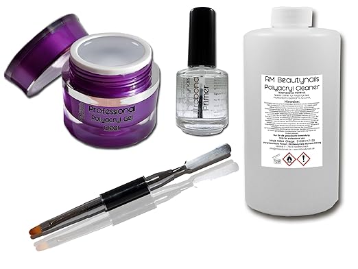 Polyacryl Gel Nägel Starter Set 5ml Poly Acrylgel Klar - 12ml Primer - 100ml Poly Acryl Spezial Cleaner - Pinsel mit Spatel N