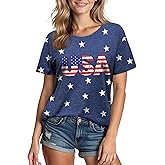 XLIEVO 4th of July Shirts Women:USA Star American Flag Crew Neck Short Sleeves Tee Patriotic T-Shirt