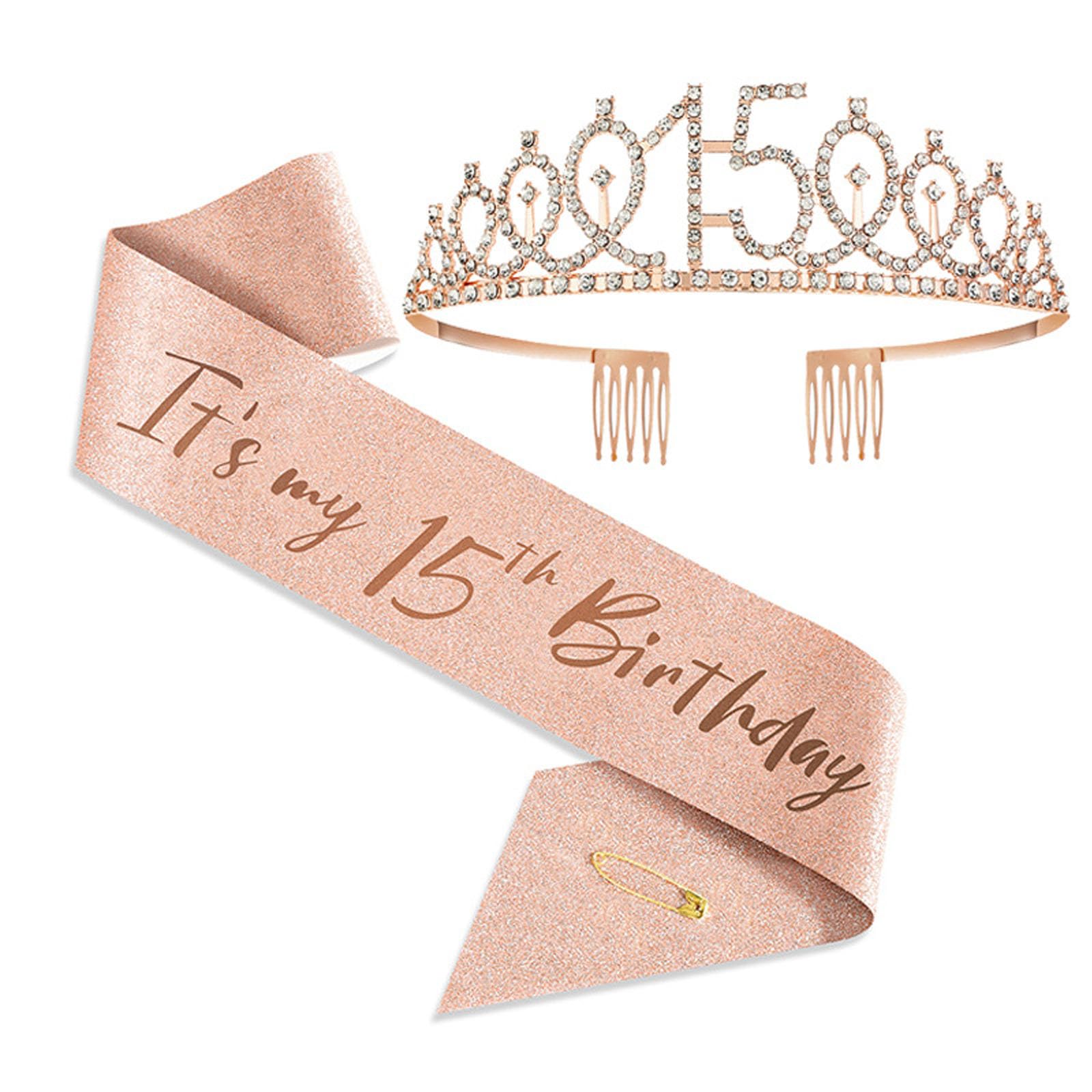 JOUWUI 15th Birthday Tiara Crown and Princess Sash, 15 Birthday Decorations for Her, Sweet 15 Gift for Girls, Birthdays Accessories Gifts — image 1
