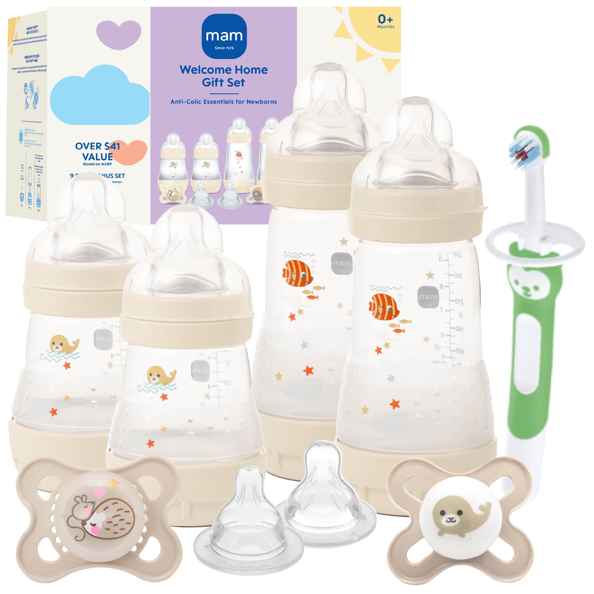 MAM Welcome Home Baby Gift Set – Easy Start Anti-Colic Bottles (2X 5oz, 2X 9oz) & 2 Pacifiers 0-6 Months, Extra Nipples, Training Toothbrush, Self-Sterilizing Complete Baby Feeding Set Image