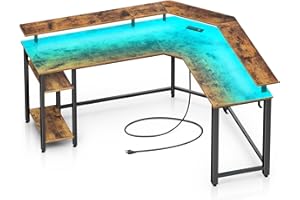 Rolanstar Computer Desk 46.2" with Power Outlets USB Ports & LED Strip,Reversible L Shaped Desk with Monitor Stand & Storage 