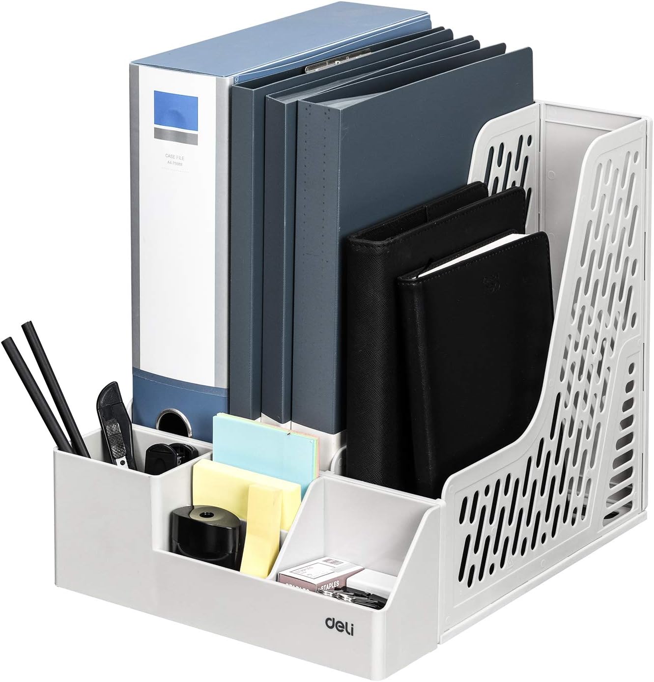 Deli Magazine File Book Holder Desktop Organizer Vertical Folder with Pencil Holder and Storage Baskets for Desk Accessories, 3 Compartments, Black : Office Products