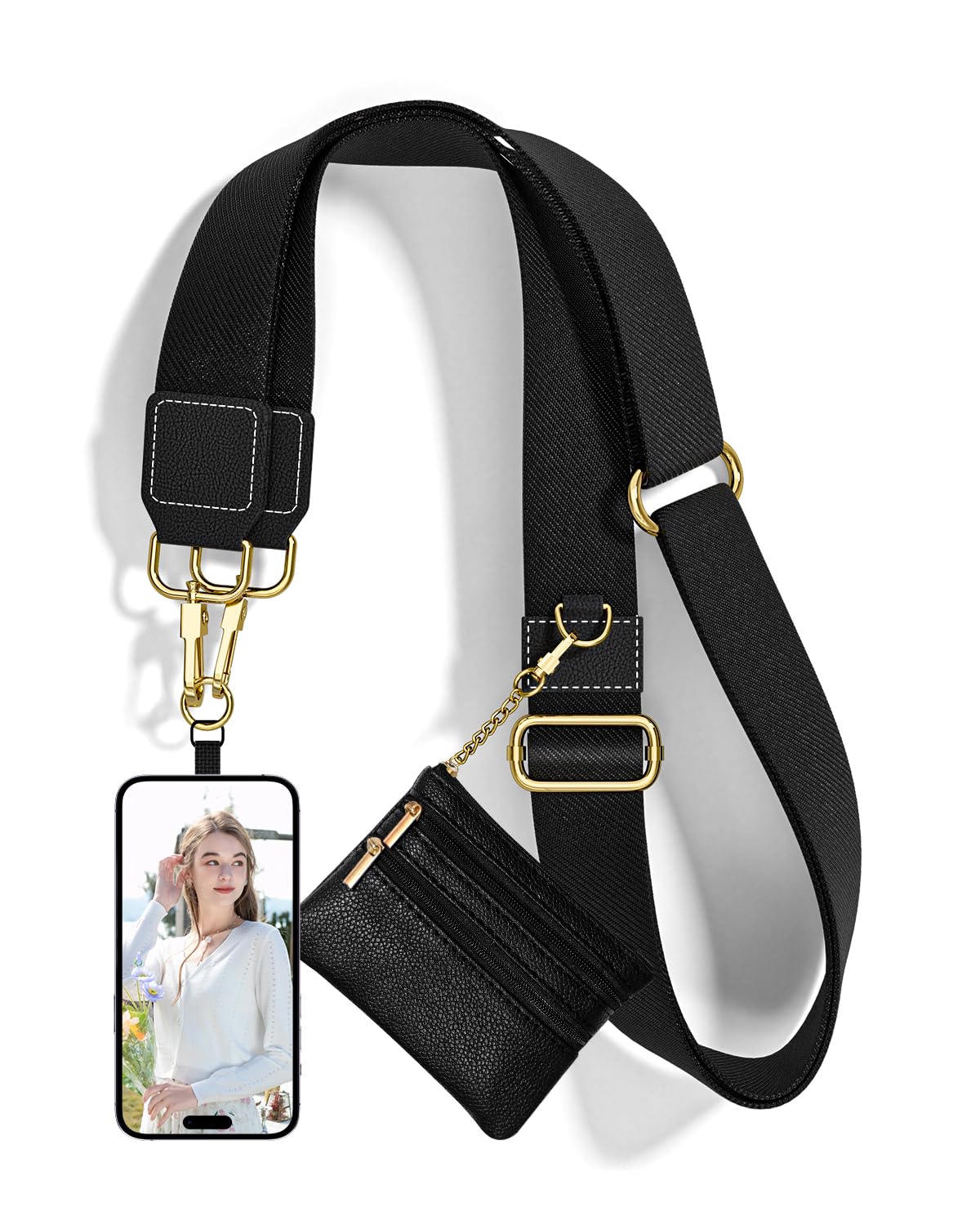 Nipichsha Crossbody Phone Strap with Wallet, Clip and Go Strap for Phone with Wallet, Adjustable Crossbody Cell Belt with Zippered Pouch, Neck Shoulder Cell Lanyard for Women, Solid Black