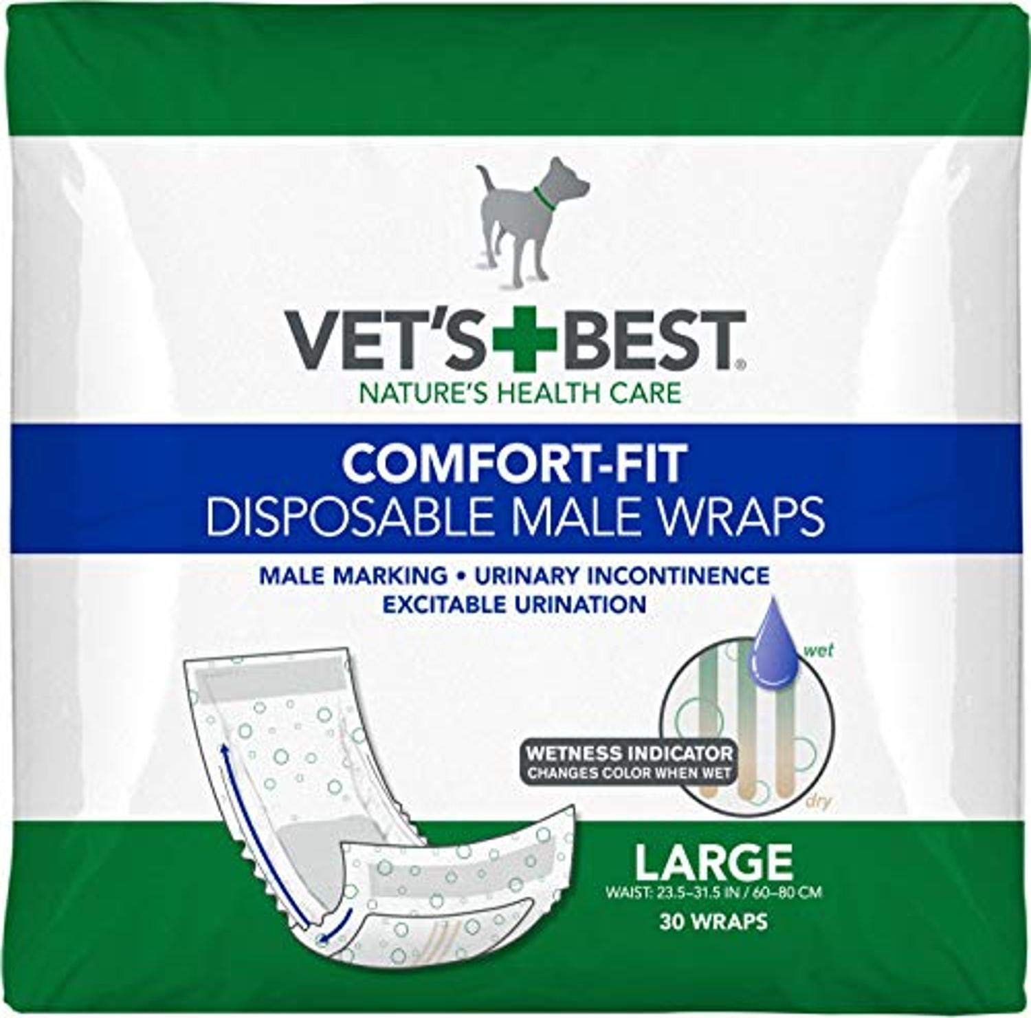 Vets Best Comfort Fit Disposable Male Dog Diapers | Absorbent Male Wraps with Leak Proof Fit | Large, 30Count
