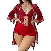 SOLY HUX Women's 2 Piece Pajama Set Lace Sheer Cut Out Criss Cross Lingerie Bodysuit and Belted Robe Set
